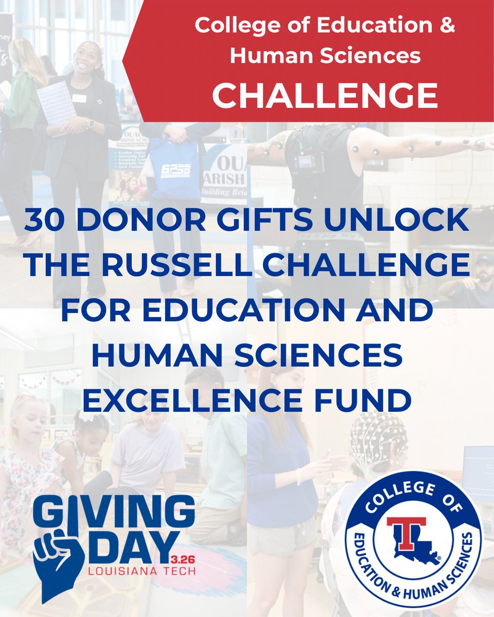 LATechCEHS's tweet photo. Today is #LATechGivingDay! 

We have a special challenge supporting CEHS. Your gift — no matter the size — helps us invest in the students, faculty, and staff who are transforming the human experience every day.

Click the link below to give!
https://t.co/Wtmv9jW8sc https://t.co/2aqZCMDm1L