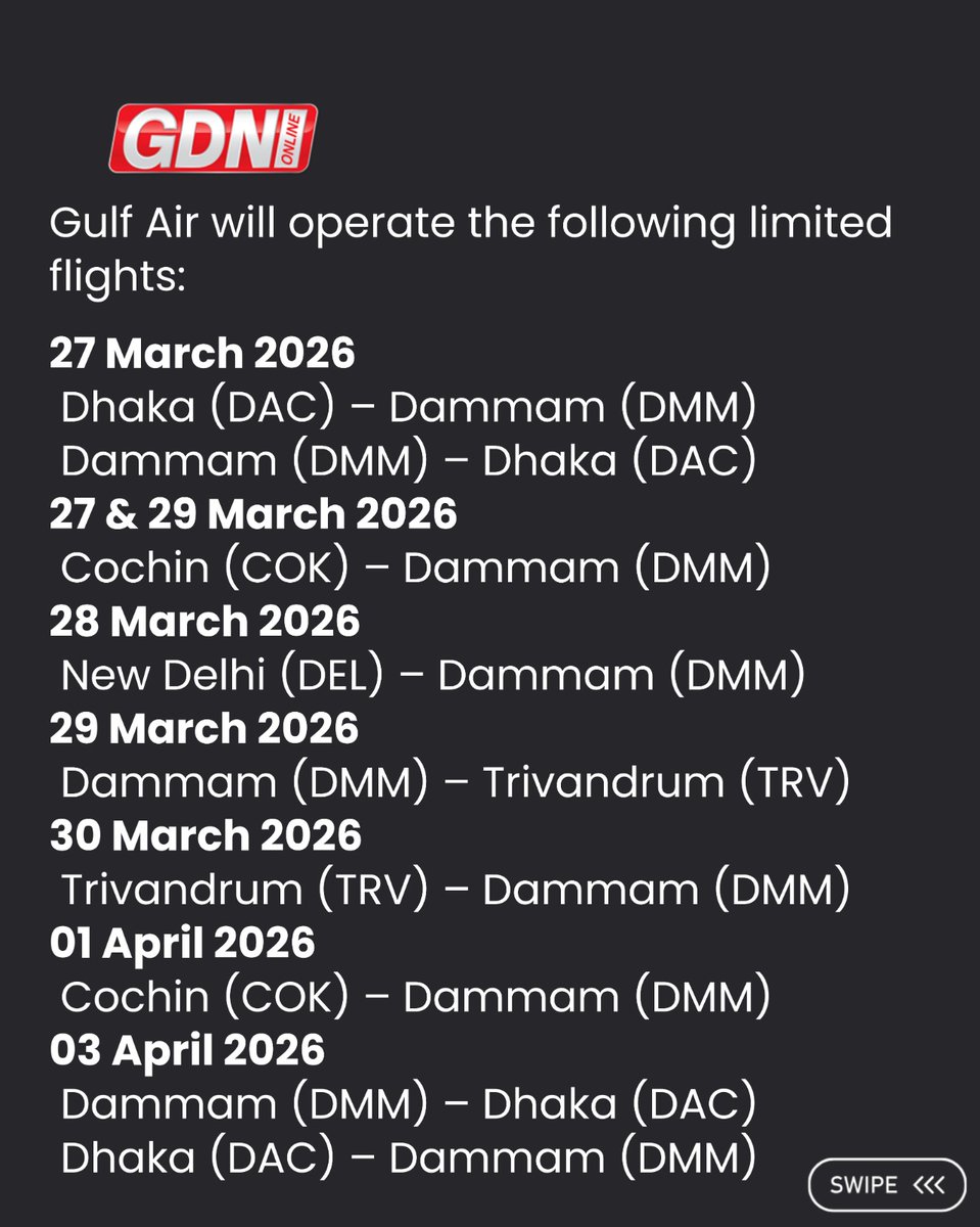 GDNonline's tweet image. Gulf Air, the national carrier of Bahrain, has announced the operation of limited repatriation flights to select destinations in the Indian subcontinent via King Fahd International Airport in Dammam  ✈️

Swipe to read more ➡️

#gulfair #gdnonline #travelupdate #bahrain