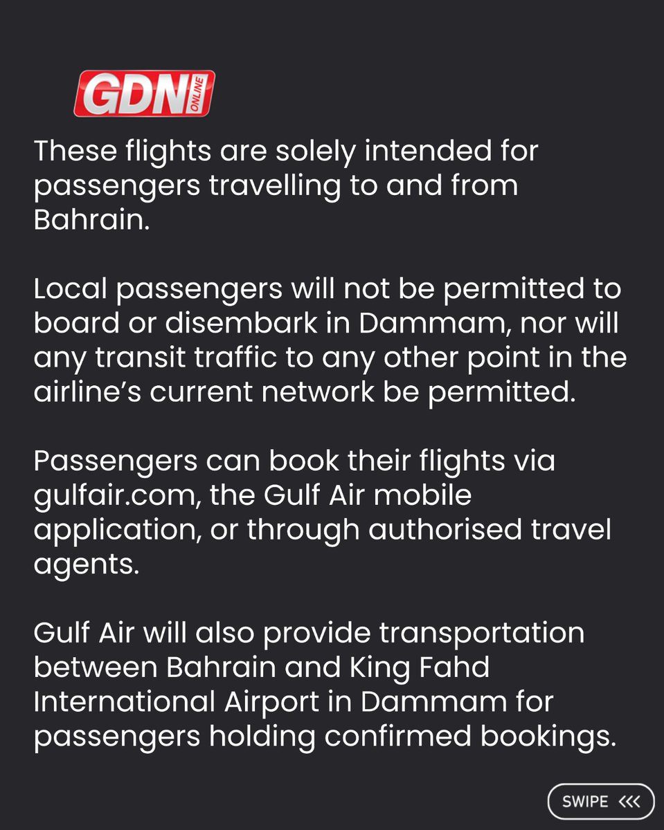 GDNonline's tweet image. Gulf Air, the national carrier of Bahrain, has announced the operation of limited repatriation flights to select destinations in the Indian subcontinent via King Fahd International Airport in Dammam  ✈️

Swipe to read more ➡️

#gulfair #gdnonline #travelupdate #bahrain