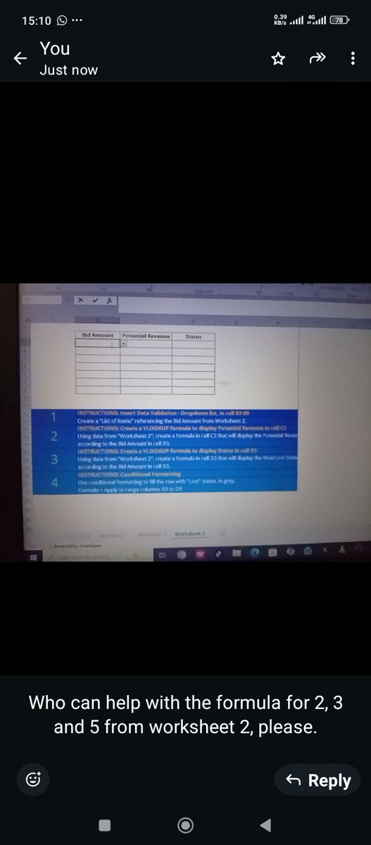 Muhammadnazzeer's tweet photo. Anybody to help me please 
#help 
@grok take a look at the pictures and give a formula to solve 2'3 and 4. Give a hint to solve 1. This is an Excel worksheet. https://t.co/d0sNS3N8XB