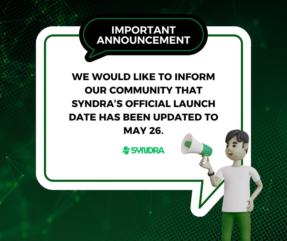 SyndraChain's tweet photo. 🚨 Dear Syndra Community,

We want to share an important update with you 💚

The launch of Syndra on the CEX has been postponed to May 26.

Due to the ongoing situation in the Middle East and current global economic instability, we believe that launching at the right moment is essential to ensure the strongest possible impact and long-term success of the project.

This is not a step back — it’s a strategic move to protect our community and maximize our launch potential. 🚀

We remain fully committed to building, delivering, and growing Syndra into what we all believe it can become.

📢 Stay connected through our official channels for upcoming updates and announcements.

Thank you for your trust and support — we’re building this together. 💚

#Syndra #Crypto #web3‌‌  #Announcement #CEX #Blockchain #StayTuned