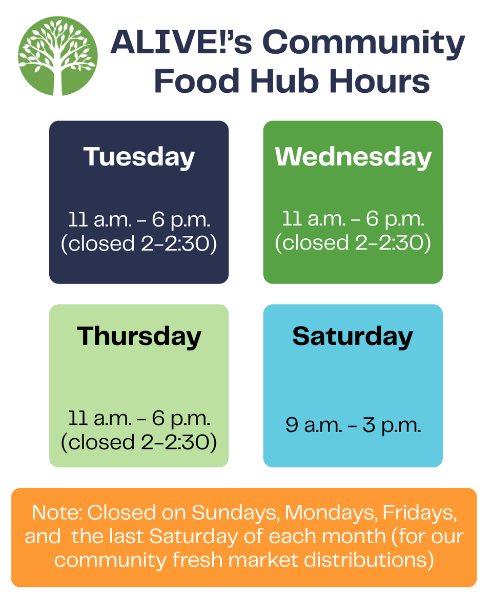 ALIVE4AlexVA's tweet photo. ALIVE!'s Community Food Hubs are here to help Alexandria residents access nutritious food and connect to additional support! Save and share these hours so neighbors can find what they need when it matters most. 💚 https://t.co/5OFJTLievx