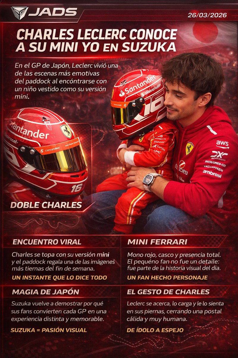 26/03/2026 🚨 CHARLES LECLERC CONOCE A SU MINI YO EN SUZUKA

Charles Leclerc y su mini versión en Suzuka dejaron una de las postales más fuertes del paddock en Japón. Yo aquí veo algo más grande que una escena tierna: es la prueba de por qué el GP de Japón sigue siendo distinto