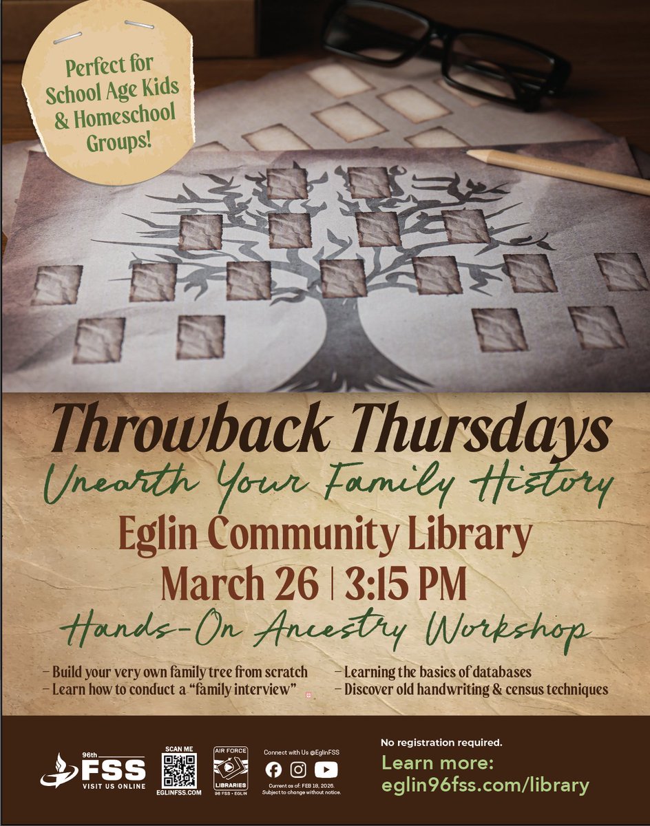 EglinLibrary's tweet photo. Join us at the Eglin Community Library as we unearth your family history &amp; bring your ancestry to life. This fun and interactive session will help you connect with your family tree in new &amp; exciting ways.
#FamilyHistory #EglinLibrary #LiveFromTheLibrary #eglinfss #LibraryLife https://t.co/9sjqCIYaw6