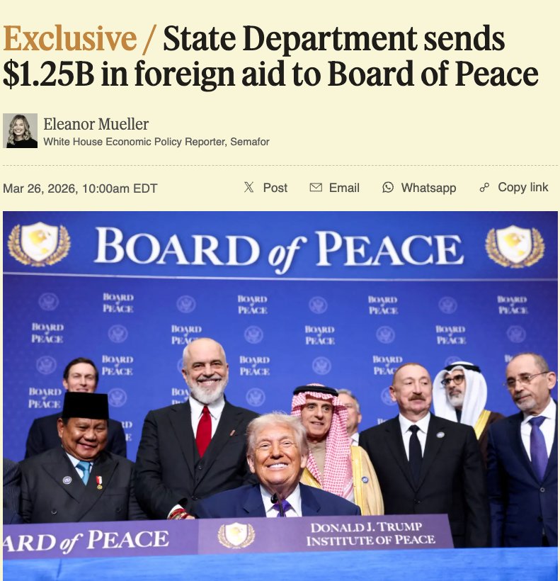 News: State has pulled $1B from international disaster assistance; $200M from peacekeeping operations; &amp; $50M from international organizations &amp; programs to send to the Board of Peace, I'm told.

Trump has said the US will spend $10B total. semafor.com/article/03/26/…