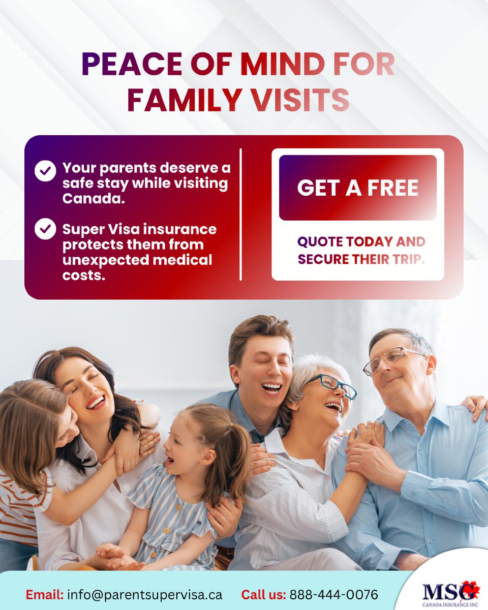 parentsupervisa's tweet image. Your parents deserve protection and peace of mind during their visit to Canada.

Ensure their health and safety while they enjoy their stay.

Get a free quote today and secure their trip. 🛡️

#supervisainsurance #travelinsurance #visitorinsurance #medicalcoverage #canadatravel