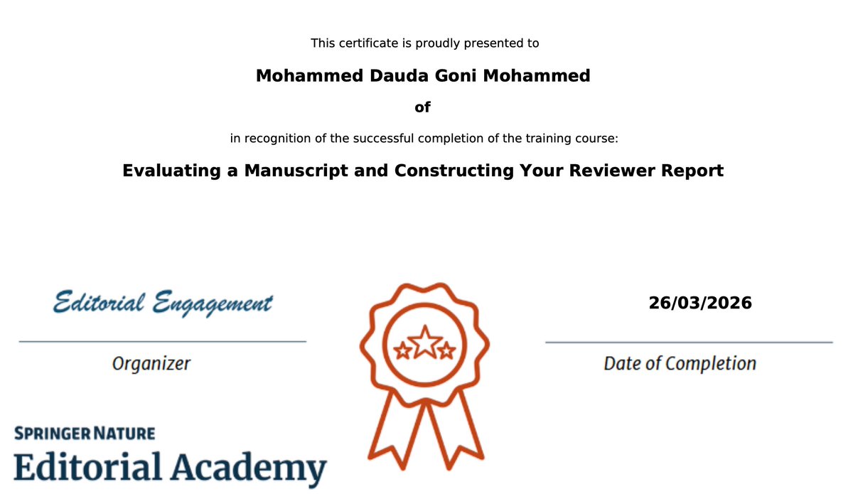 DrDaudaGoni's tweet photo. I'm assuming the role of Reviewing Editor at @SpringerNature, and completed the competency courses in the Editorial Academy, which have further fueled my passion for excellence. https://t.co/7oJCO9DemC