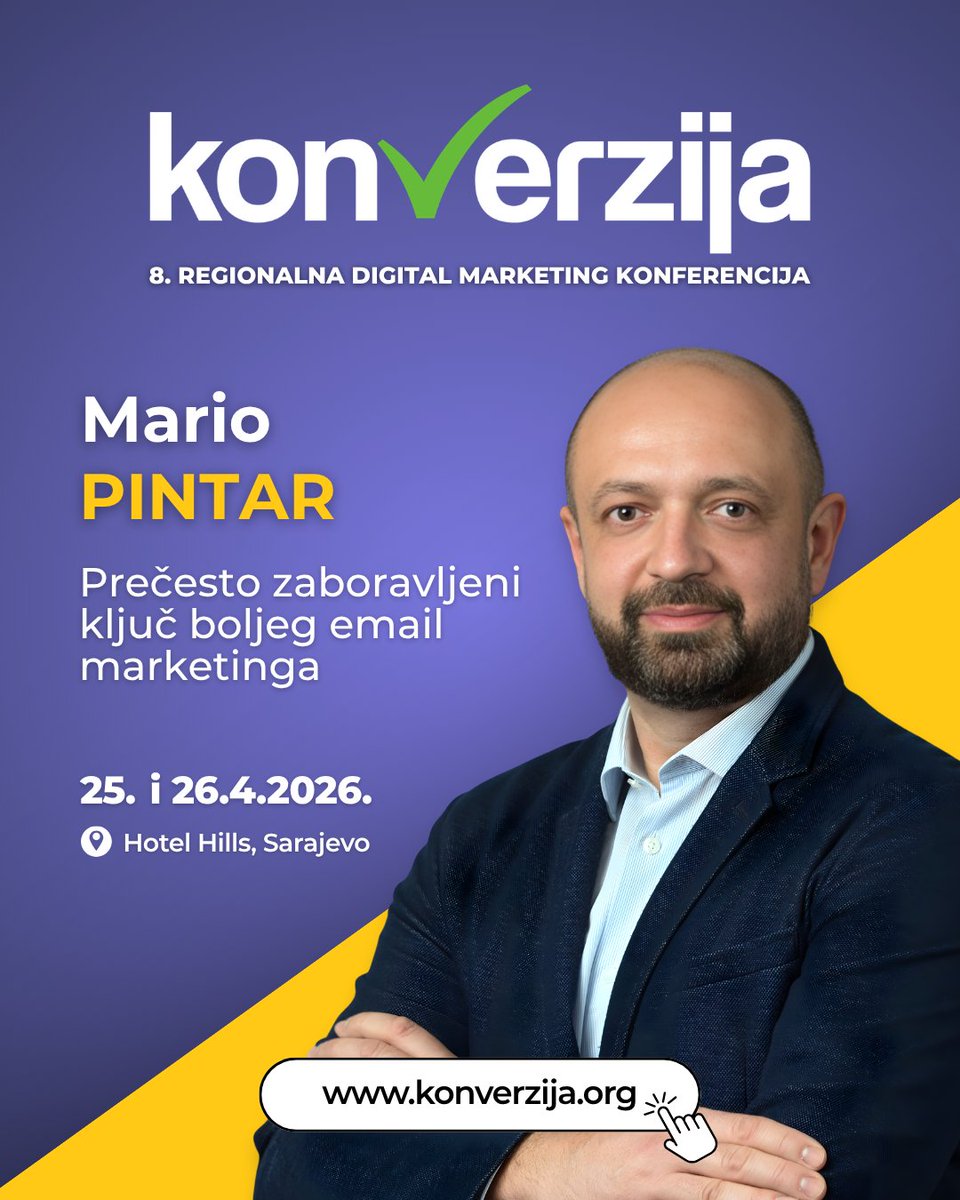 📣Jedan sam od predavača na 8. regionalnoj digital marketing konferenciji - <a href="/konverzija/">Konverzija.org</a> koja će se održati u Sarajevu, 25. i 26. travnja. Iskoristi promo kod MARIO30 do 19. travnja i ostvari čak 30% popusta na cijenu ulaznice.

#Konverzija #EmailMarketing #DigitalniMarketing