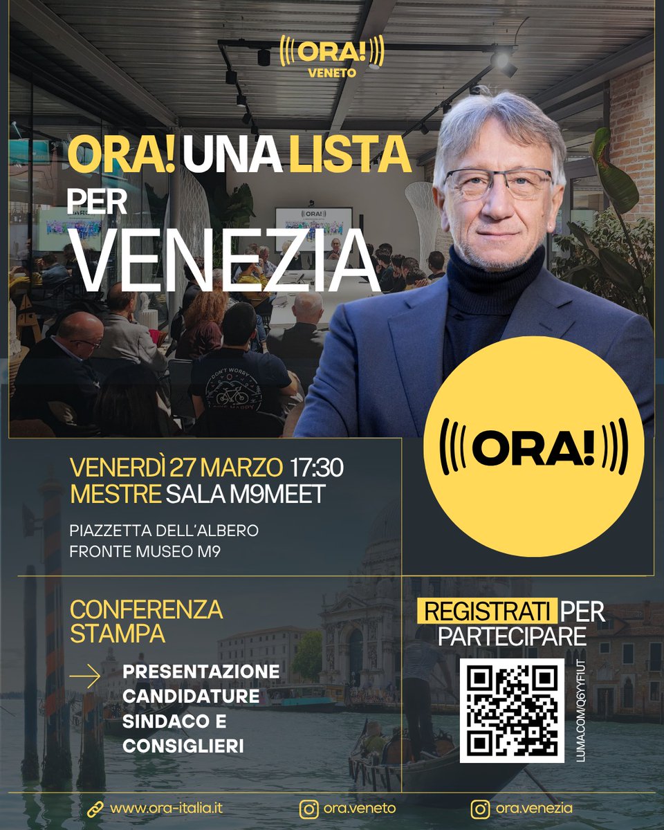 CONFERENZA STAMPA - Venerdì 27/03, 17:30, Mestre

ORA! costruisce un'alternativa per Venezia e annuncia la presentazione ufficiale dei propri candidati alla carica di sindaco e di consigliere comunale per le elezioni amministrative del 24 e 25 maggio.

L’appuntamento è fissato
