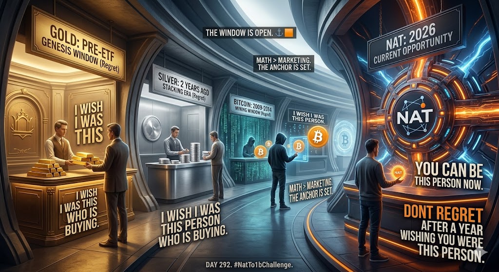 Day 292 | #NatTo1bChallenge 🦇🔊

Time is the only currency you can never buy back. ⏳

You wish you bought Gold before the Wall Street ETFs.

You wish you stacked Silver two years ago. You wish you mined Bitcoin in 2009.

Those generational windows are permanently closed. 

Stop