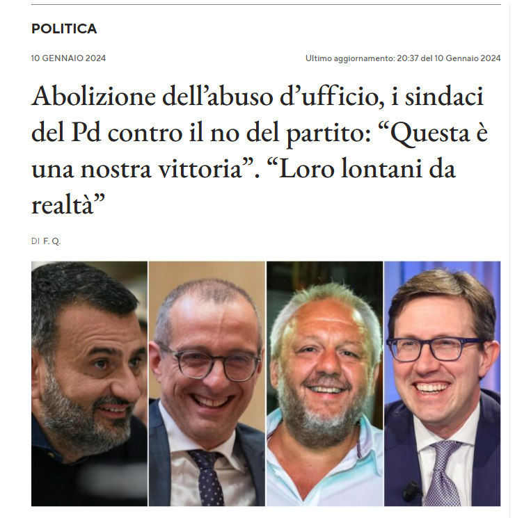 A votare per l'abolizione dell'abuso d'ufficio insieme alla maggioranza c'erano anche italia 'viva', azione e +europa.
I sindaci del pd furono contrari alla linea di partito che votò contro:  tanto per non dimenticarci di niente e di nessuno.