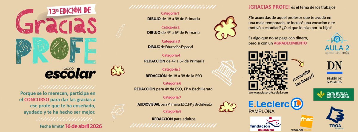 Aula2's tweet photo. Concurso #GraciasProfe – Categoría Adultos
La huella de un buen docente perdura en el tiempo.
Invitamos a antiguos alumnos, familias y profesionales a compartir su reconocimiento en la categoría de adultos. 
https://t.co/KsWxBEepfP
Plazo de participación: 16 de abril. https://t.co/5u8dNHitOC