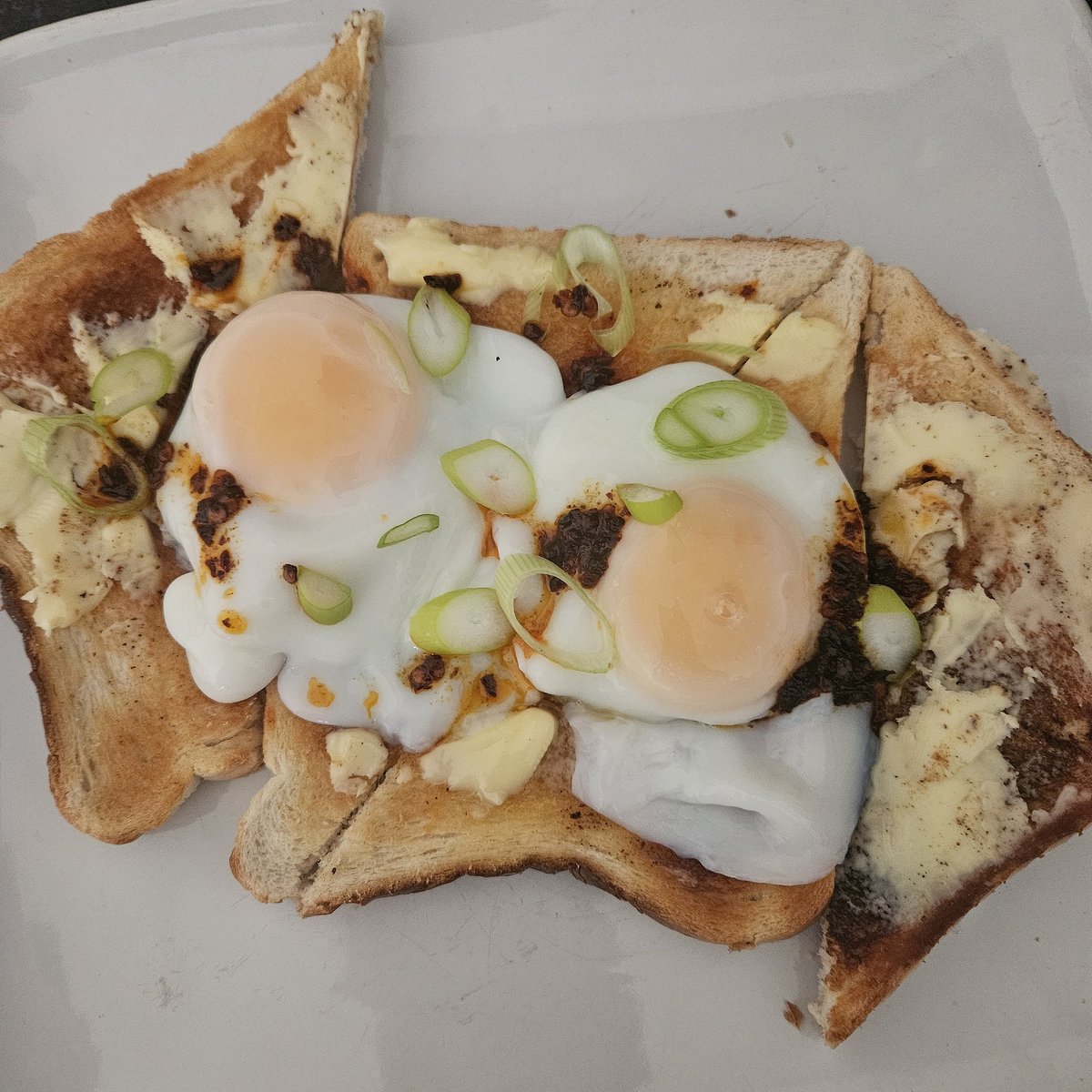 AwTroon's tweet image. The eggs seem small considering they are a 'medium' egg. Poached, on buttered toast spruce up with spring onion and chili oil. #WeeScottishWuminCooks #PoachedEggs
