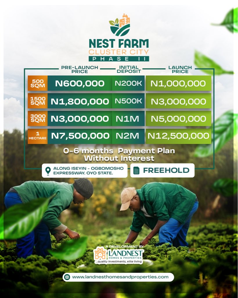 LandnestOfficia's tweet photo. Nest Farm Cluster City Phase II is officially HERE!

Phase I was a massive success… and you already know how that story ended - SOLD OUT.

Now, Phase II is your second chance to get in early and position yourself ahead of the curve.

Send a message now to secure your spot. https://t.co/KFtQt82iUe