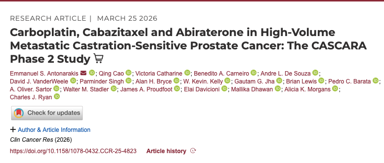 APCCC_Lugano's tweet photo. Carboplatin, Cabazitaxel and Abiraterone in High-Volume Metastatic Castration-Sensitive Prostate Cancer: The CASCARA Phase 2 Study

https://t.co/HdA6e7JSYz

This multicenter phase 2 trial evaluated a quadruplet regimen of cabazitaxel, carboplatin, abiraterone, and ADT in high-volume mCSPC. Among 61 patients, 12-month PSA progression-free survival was 84.6% and overall survival 94.8%, with a 66.7% complete PSA response rate. Toxicity was manageable. Unexpectedly, HRR-mutated patients had poorer outcomes.

 The regimen appears feasible and active, supporting further evaluation in randomized trials. #ProstateCancer

@EAntonarakis @AlanBryce9 @PBarataMD @Davicioni @CaPsurvivorship @charlesryanmd 

@OncoAlert 🚨
@Silke_Gillessen 
@AOmlin 
@weoncologists