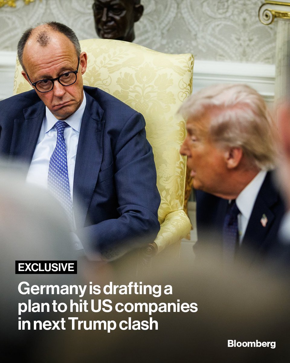 business's tweet image. Germany is drafting a plan for the European Union to squeeze US tech firms, drug supplies and manufacturers in its next dispute with Donald Trump, sources say. Read our exclusive story: bloom.bg/4ssvjoa

📷: Samuel Corum/Sipa/Bloomberg