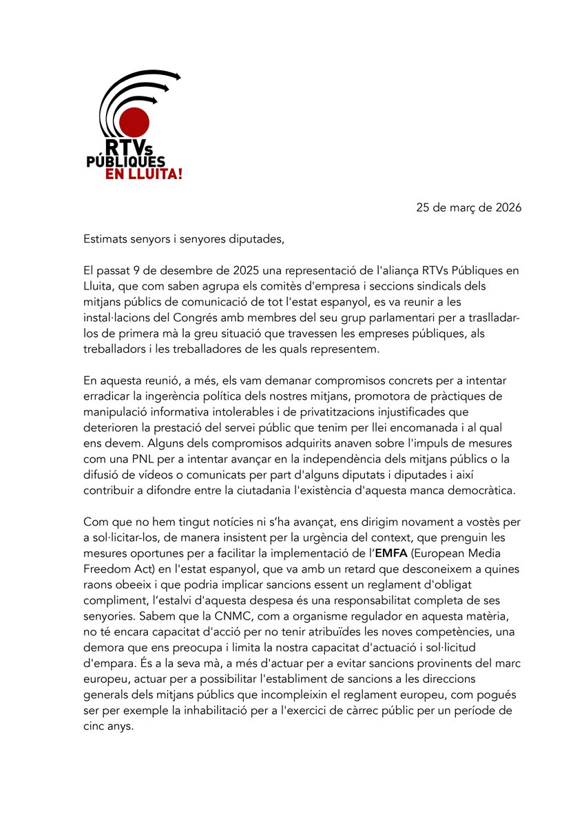 rtvpublicalucha's tweet photo. Els polítics han d'assumir els compromisos adquirits, al desembre, amb #rtvspublicasenlucha en defensa d'uns mitjans de comunicació públics lliures d'ingerències.
@Esquerra_ERC 
@compromis https://t.co/Qx5TbVziXd