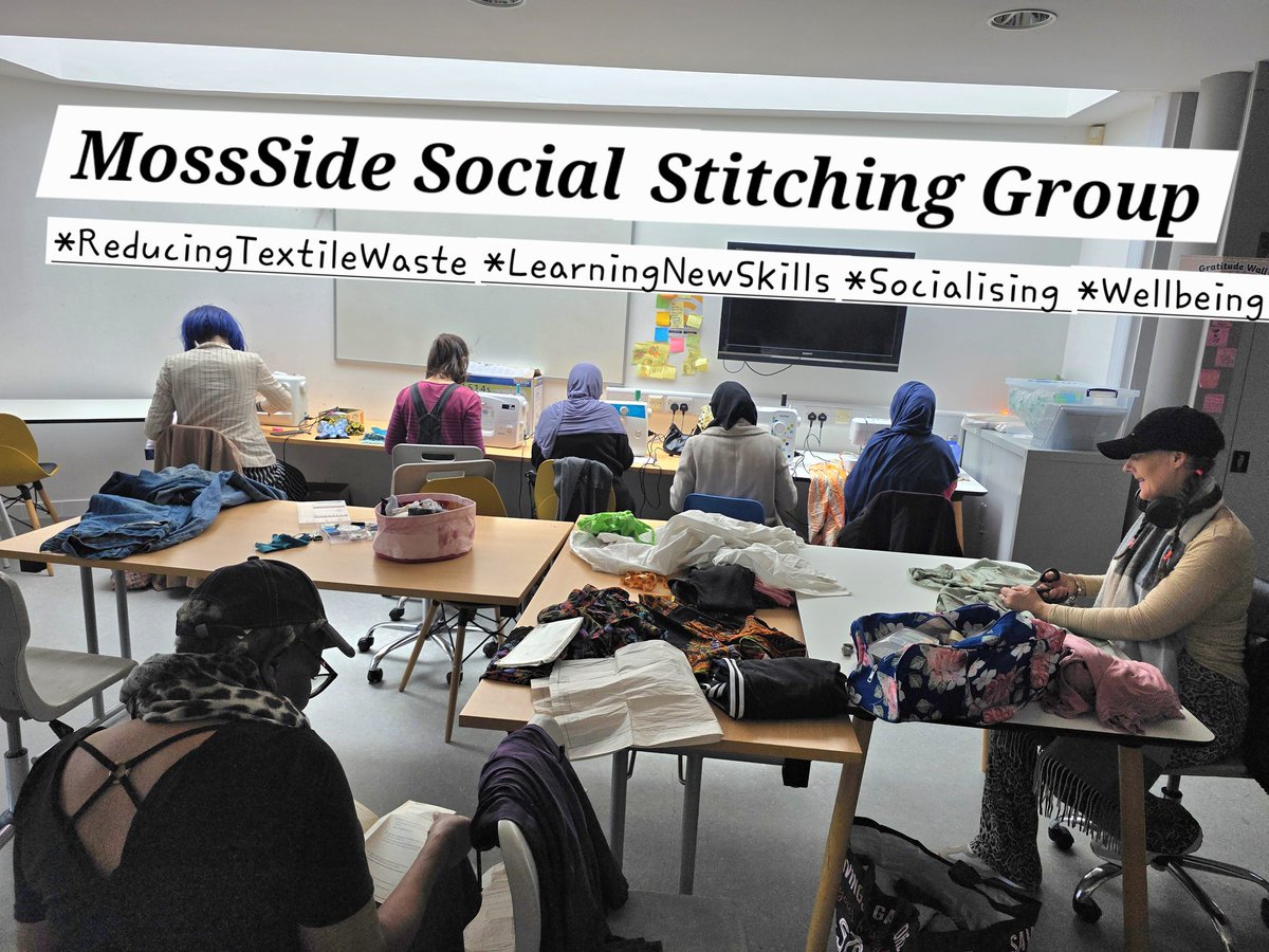 MossSideSSG's tweet photo. Tuesday at MSSSG weekly social sustainable sewing! We had 13 #repaired and #upcycled clothes saved from #landfill.
#sustainablefashion 
#skills #reducetextilewaste #Wellbeing #reuse #community @Uachieve21 @msmpowerhouse @KennyUmeh https://t.co/nrlVV1Dogm