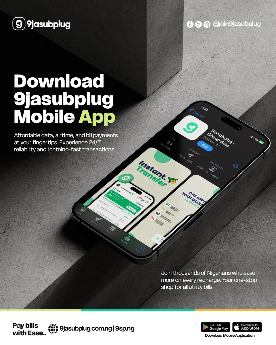 join9jasubplug's tweet photo. Thousands of Nigerians are already saving more on every recharge. 🇳🇬 

From lightning-fast data to instant cable and electricity payments, we’ve built the ultimate tool for your pocket.

Download the 9jasubplug app today on Play Store &amp; App Store!  https://t.co/1nsrybwYxL https://t.co/dvgCDkGAu3