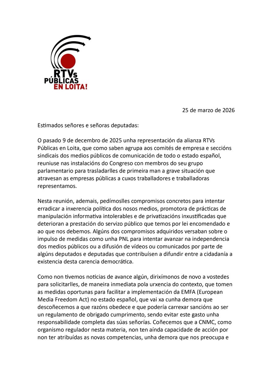 rtvpublicalucha's tweet photo. Os políticos deben asumir os compromisos adquiridos, en decembro, con #rtvspublicasenlucha na defensa dunhas comunicacións públicas libres de inxerencias.
@obloque https://t.co/2Q2LYJJ62R