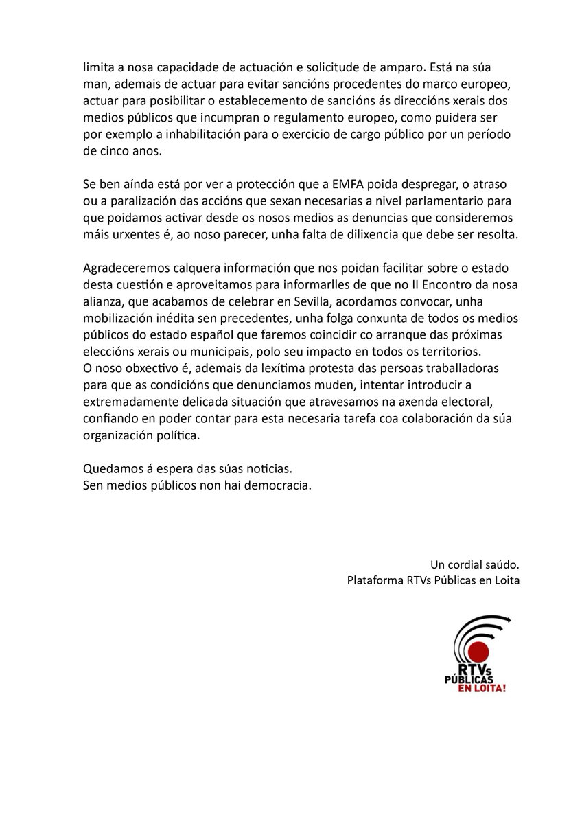rtvpublicalucha's tweet photo. Os políticos deben asumir os compromisos adquiridos, en decembro, con #rtvspublicasenlucha na defensa dunhas comunicacións públicas libres de inxerencias.
@obloque https://t.co/2Q2LYJJ62R