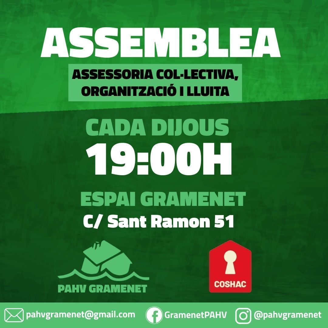 PAHVgramenet's tweet photo. 🟢 ORGANITZEM-NOS 🟢 
Tens problemes d'habitatge ?
No ho deixis per més tard i vine a la PAHV!

🗓️ Cada dijous
⏰️ 19H
📍 C/ Sant Ramon 51 al @espai_gramenet https://t.co/u7nI1LBrJV