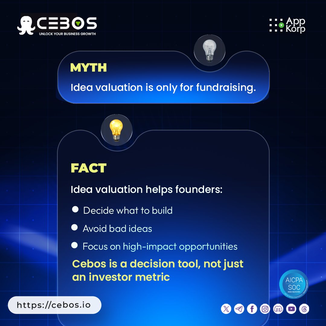 _cebos's tweet photo. Most founders think valuation = fundraising. That’s the trap.
Real use? It tells you what’s worth building and what’s not.

Build smarter. Not louder.
Get your first premium valuation at 80% OFF: https://t.co/TFT0LLNAO7 
#CEBOS #BusinessValuation #IdeaValuation https://t.co/h1mwBgJkGt