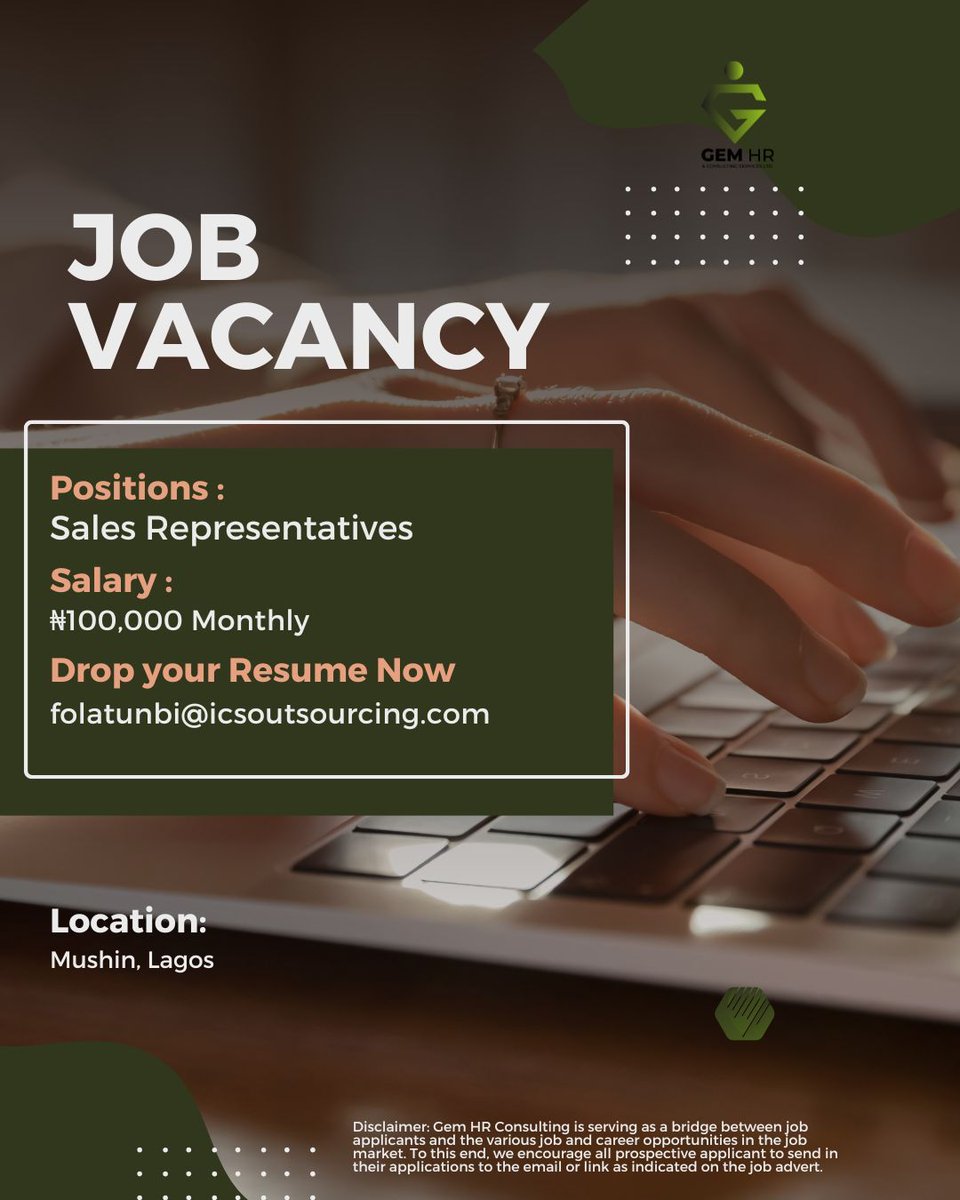 gem_hr's tweet image. 🔥Urgent Hiring: Sales Representative!🌟Lead and impact the FMCG Industry! Location: Mushin, Lagos.💌APPLY: folatunbi@icsoutsourcing.com⏳Act fast—this opportunity won't last! 👥 Know someone ideal? Tag them! #FMCGSales #OpenMarketSales #SalesRep #mushin #lagos