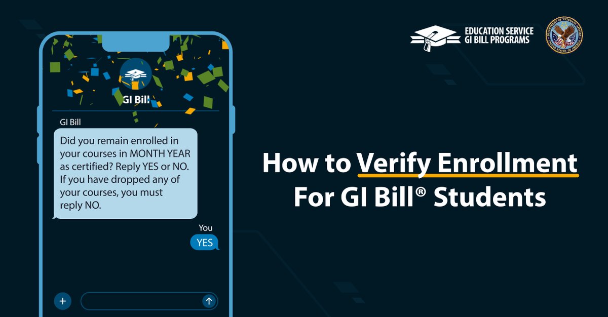 DeptVetAffairs's tweet photo. GI Bill® students: Enrollment verification is required! 

Make it quick and hassle-free—switch to text or email enrollment verification using Ask VA or by calling the Education Call Center at 888-442-4551, 7 a.m. to 6 p.m. CT, Monday through Friday. https://t.co/P0Om8DfEFD