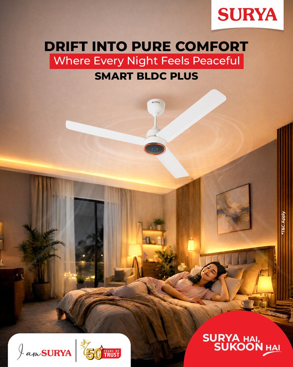 surya_roshni's tweet photo. Transform your nights into a peaceful retreat with Surya's Smart BLDC Plus fan. Engineered for comfort and tranquility, it ensures quiet, cool air so you can drift off into the most restful sleep.
#SuryaFan #SmartBLDCPlus #ComfortInEveryBreeze #PeacefulNights https://t.co/Abwq4s77s7