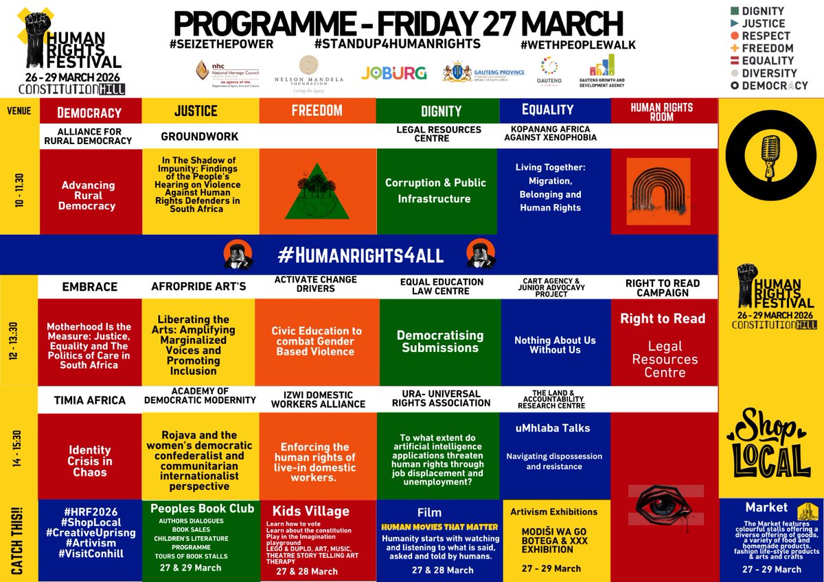 LRCSouthAfrica's tweet photo. The Human Rights Festival begins today! Visit us at our table on Activism Row, starting tomorrow. 

Get your free tickets here: https://t.co/II2HC9pQh0

#ActivismRow #ConHill #Festival https://t.co/4Si0NzgaGg