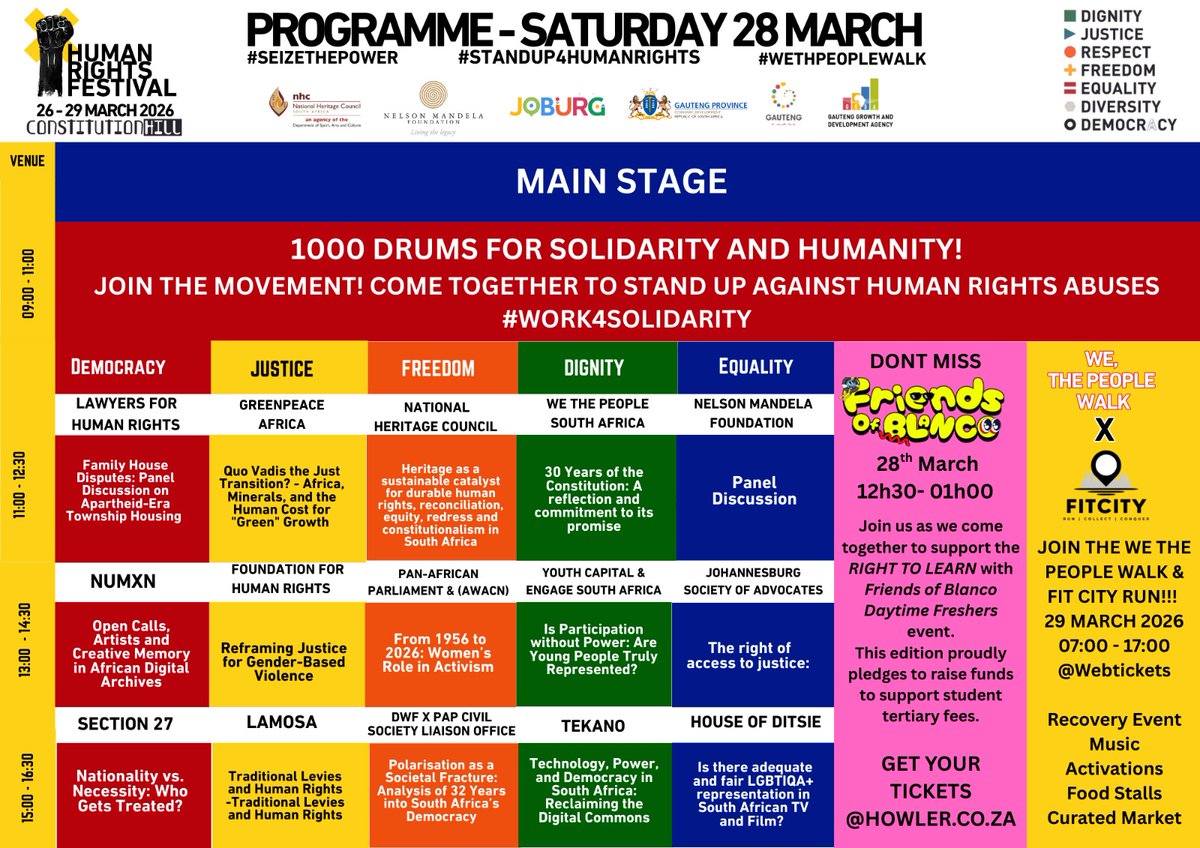 LRCSouthAfrica's tweet photo. The Human Rights Festival begins today! Visit us at our table on Activism Row, starting tomorrow. 

Get your free tickets here: https://t.co/II2HC9pQh0

#ActivismRow #ConHill #Festival https://t.co/4Si0NzgaGg