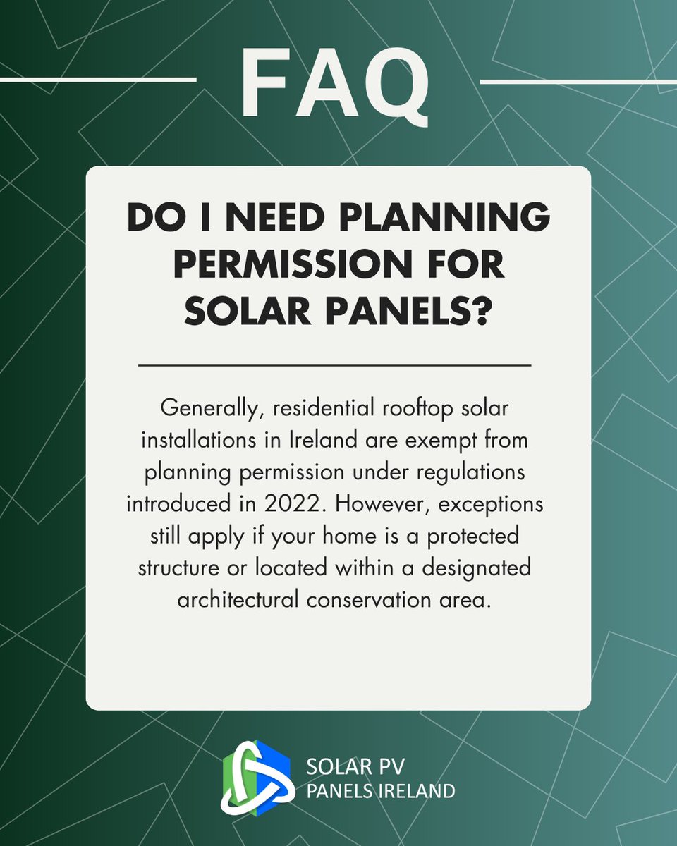 panels_pv's tweet photo. Good news! Residential solar in Ireland is now exempt from planning permission in most cases. 🏠☀️

Find out if you're ready for solar:
👉 https://t.co/mnIyQ9nCB9

#SolarPVIreland #SolarFAQ #IrelandSolar #GreenEnergy #SolarPanelsIreland #SustainableLiving https://t.co/mVxS4tzxke
