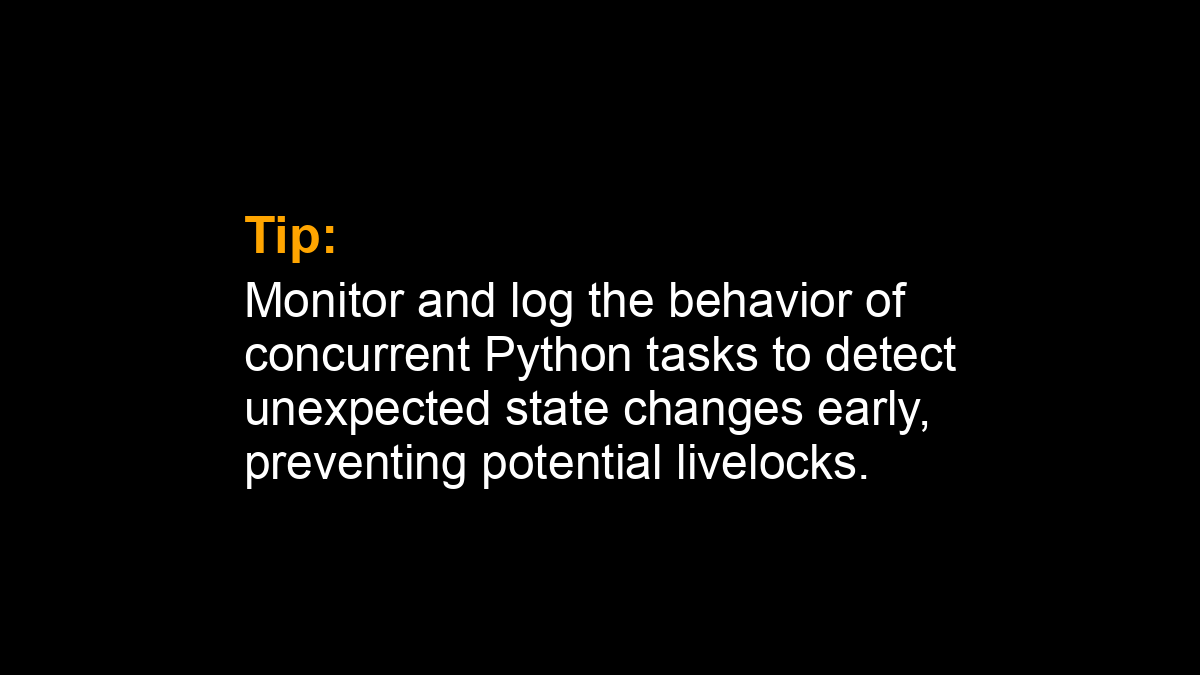 SuperFastPython's tweet photo. Tip: Monitor and log the behavior of concurrent Python tasks to detect unexpected state changes early, preventing potential livelocks.
#Python #Concurrency https://t.co/A630sGhD9s