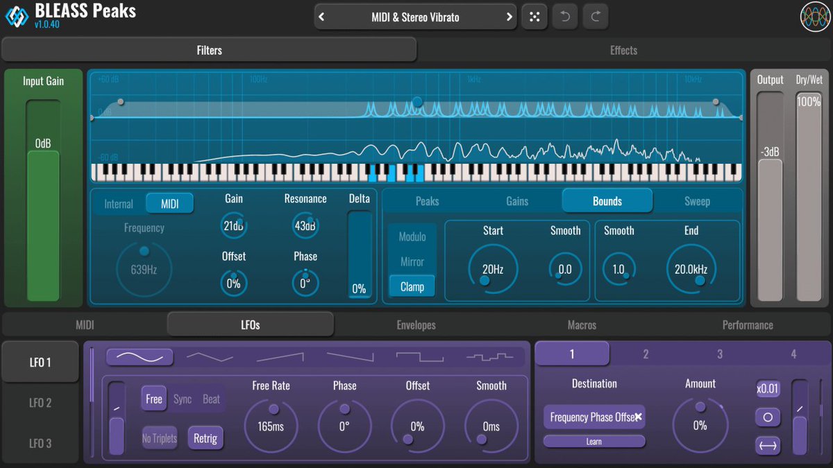 New plugin: Bleass Peaks (available on desktop, iOS version coming presumably ASAP)

"Polyphonic Playable Filter" 

Polyphonic filter plugin based on a polyphonic bell-filter architecture,

Peaks can be controlled via MIDI: each note will trigger its own resonant filter voice,