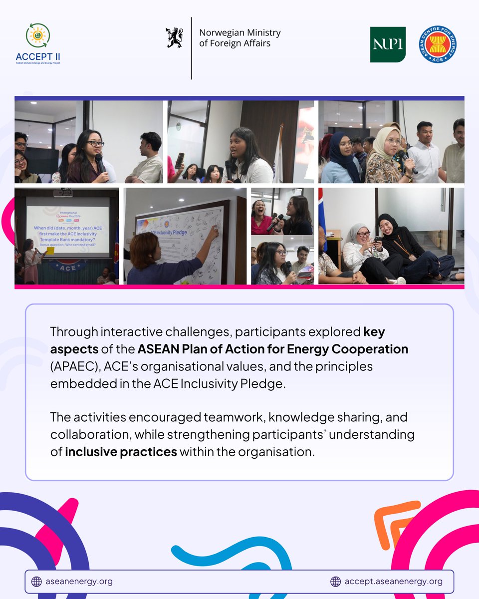 aseanenergy's tweet photo. Through interactive games, ACErs explored key priorities such as the ASEAN Plan of Action for Energy Cooperation, ACE’s organisational values, and the ACE Inclusivity Pledge, while reflecting on the importance of inclusivity and women’s leadership in ASEAN’s energy transition. https://t.co/33ZEy5799C