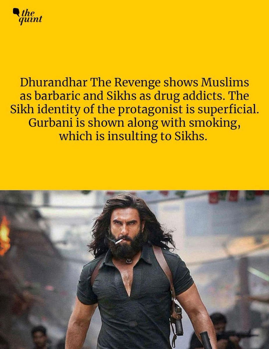 Mrsinha's tweet photo. It’s baffling to see @TheQuint push propaganda against Dhurandhar, calling it anti-Sikh.
Anyone who has watched the film knows Sikhs are portrayed positively, while only separatists are shown negatively. By that logic, films showing Hindu characters drinking or committing crimes would be anti-Hindu, but that outrage is never seen.

Even Muslims aren’t vilified, only Pakistani terrorists are shown negatively.

This is classic dog whistling, subtly inciting people against the makers and actors of Dhurandhar and manufacturing outrage where none exists. TheQuint is dangerous.