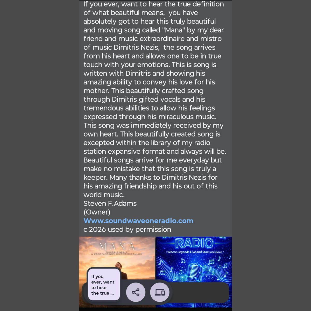 dimitrisnezis's tweet photo. Thank you so much Steven F Adams &amp; Sound Wave One Radio!!! 🙏🏻🤍💙

Pre-order/ Pre-save "MANA" here : https://t.co/5XvmpqPvJh https://t.co/4hDZd1OzKD