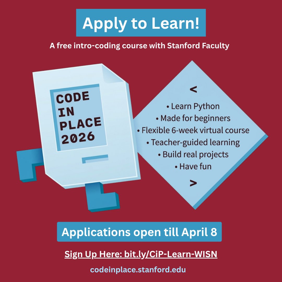 WomeninStemNet's tweet photo. In collaboration with Stanford’s Code in Place, WISN brings you a free, online, 6-week Python course! 🌍✨ No experience needed. Build a portfolio and earn a certificate. 🚀

⌛ Deadline: April 8
👉 Apply: https://t.co/uwUoEqzdZJ

#womeninstem #CodeInPlace #Python https://t.co/0IJE2E3wGb
