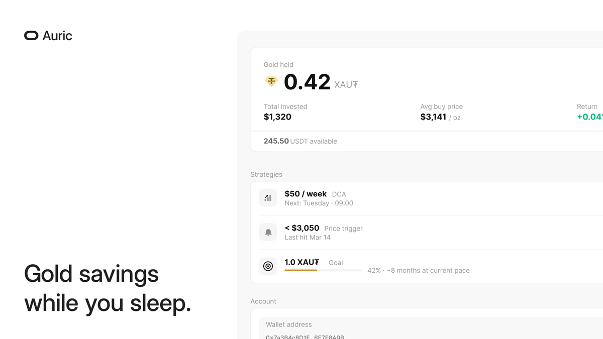 Submitted Auric to the hackathon.  The product: set a savings rule in Telegram, the engine executes it on-chain. DCA weekly, buy below a price, hit a target - your choice. 

Settled via <a href="/tether/"></a> WDK. No interface to babysit.  XAU₮ is a natural next step for LATAM users already
