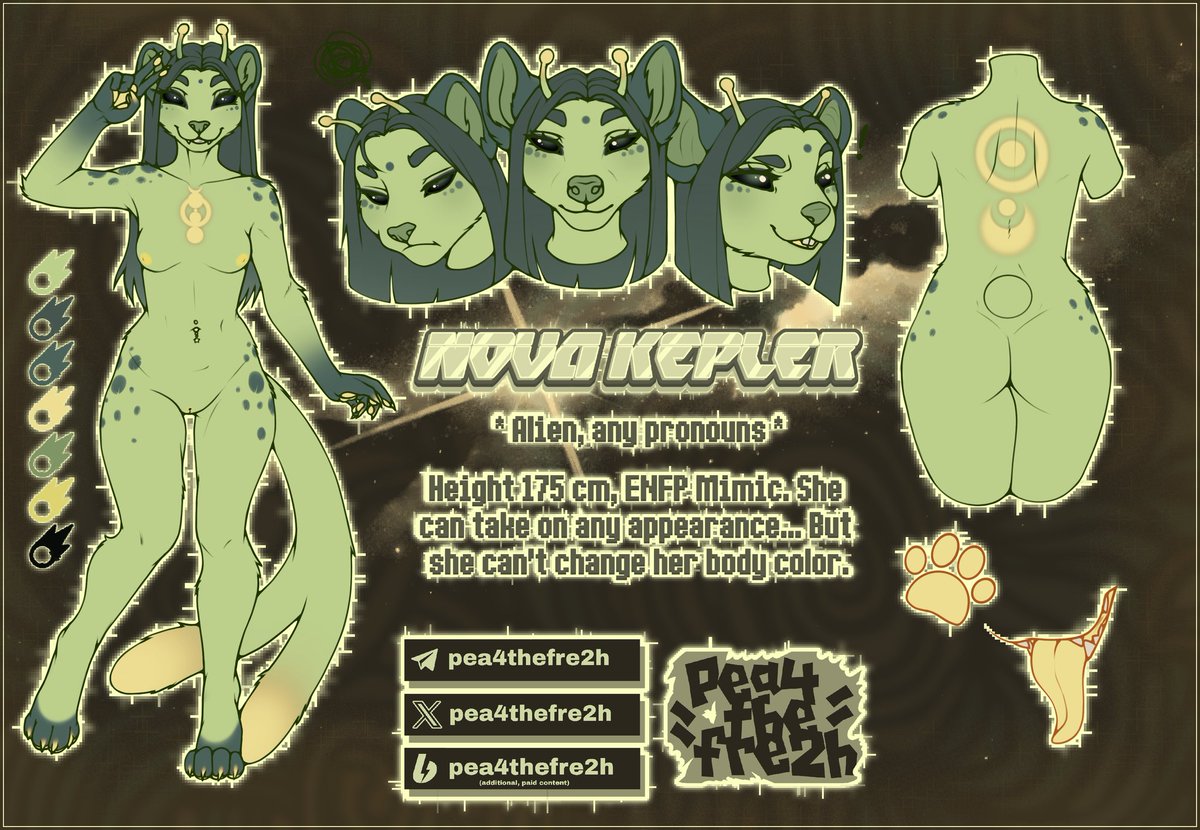 pea4thefre2h's tweet photo. 👽My friend gave me an alien as a gift, I'm very happy with the new member of my edible family
(💚I did the design for the reference list.💚)
🧡Gift from: @Tina_Sierex

#furry #furryoc #furrynsfw #furryart #referencelist #futanari #yiff https://t.co/dmh9A8pn5o
