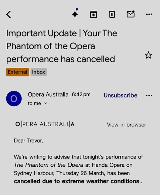 TrevorSinclair's tweet image. Very disappointed for the Cast, Orchestra &amp;amp; Crew. Hopefully Mother Nature will be more kind tomorrow night. #operaau #phantomoftheopera #handaopera #rbgsydney #SydneyHarbour
