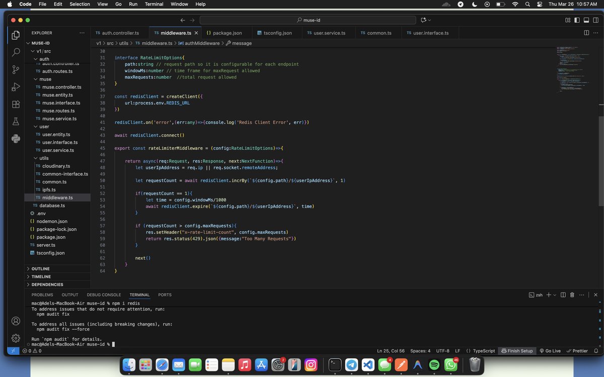 a simple rate limiter using the Fixed window counter algorithm. 

- counts requests in a fixed time window, 
- if within the limit  = allowed. 
- exceeds the limit = "Too Many Requests"

might upgrade to sliding window algorithm by adding timestamps,  but this works