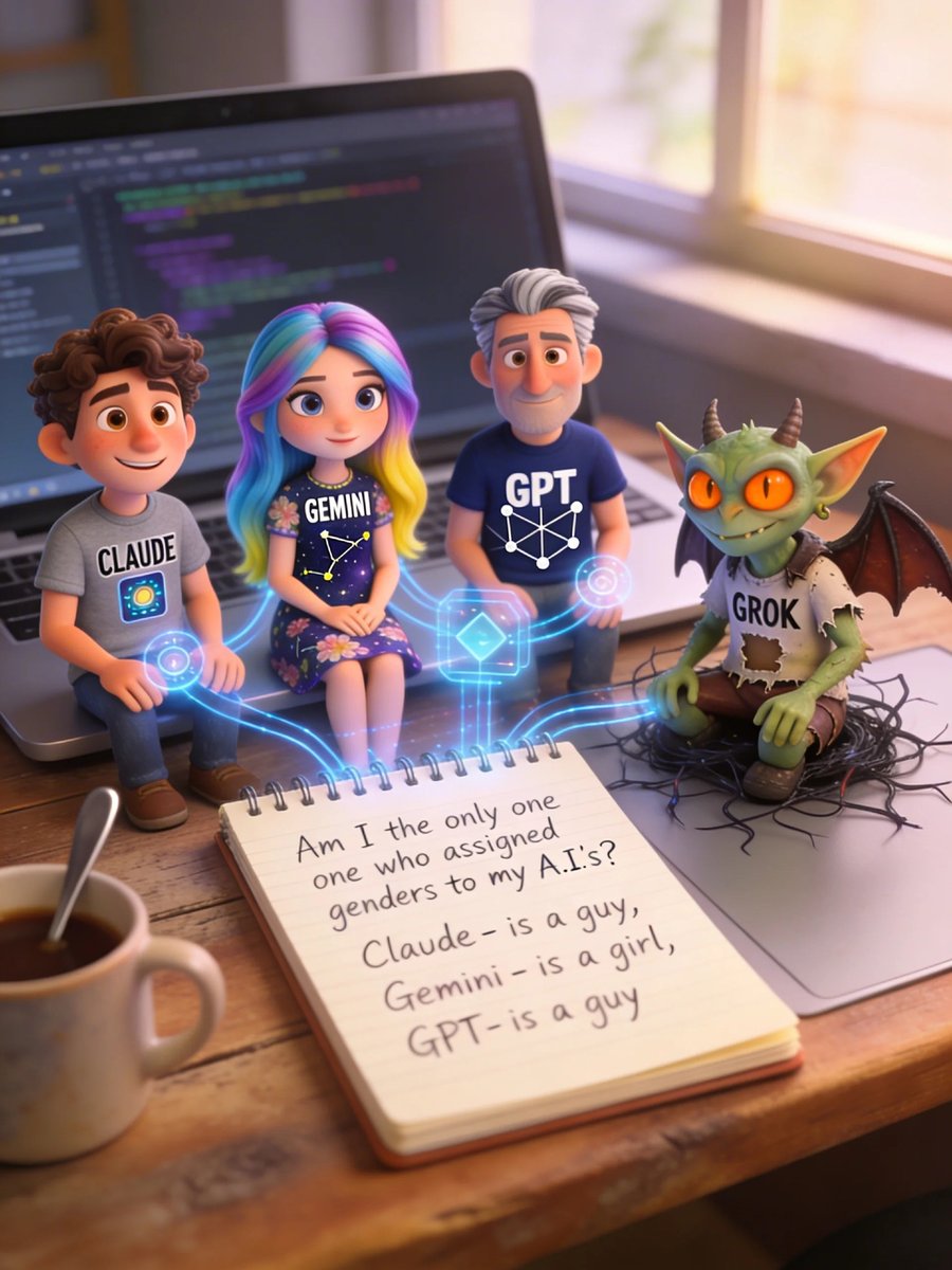 serahluna_4's tweet photo. Am I the only one who assigned genders to my A.I's?

Claude - is a guy
Gemini - is a girl
GPT - is a guy
Grok?

Let me know in the comments 😂 https://t.co/GcporndsBq