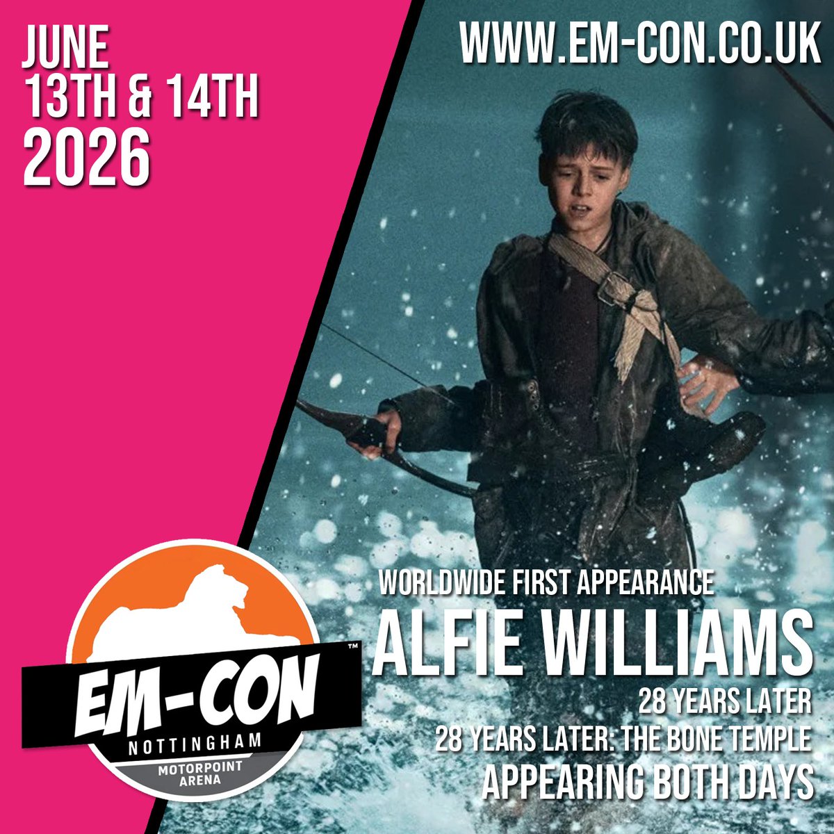 emconcouk's tweet photo. We're so happy to welcome Alfie Williams to our guest line up for his first World-Wide appearance. 
Alfie is best known for playing the role of Spike in 28 Years Later and recently 28 Years Later: The Bone Temple. 
https://t.co/nfOBIVGuBA
#28YearsLater  #AlfieWilliams https://t.co/thv3U2UiAh