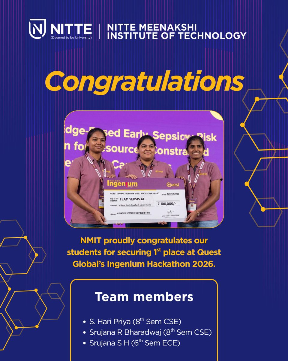 NMITBangalore's tweet photo. 👩💻 NMIT celebrates a remarkable milestone as our CSE & ECE students win 1st place at Quest Global’s Ingenium Hackathon 2026 with their hard work and brilliance.
#NMIT #IngeniumHackathon #QuestGlobal #FirstPlace #Winners #Nitte #TechTalent #CSE #ECE #StudentAchievement https://t.co/s6Nym5qg7P