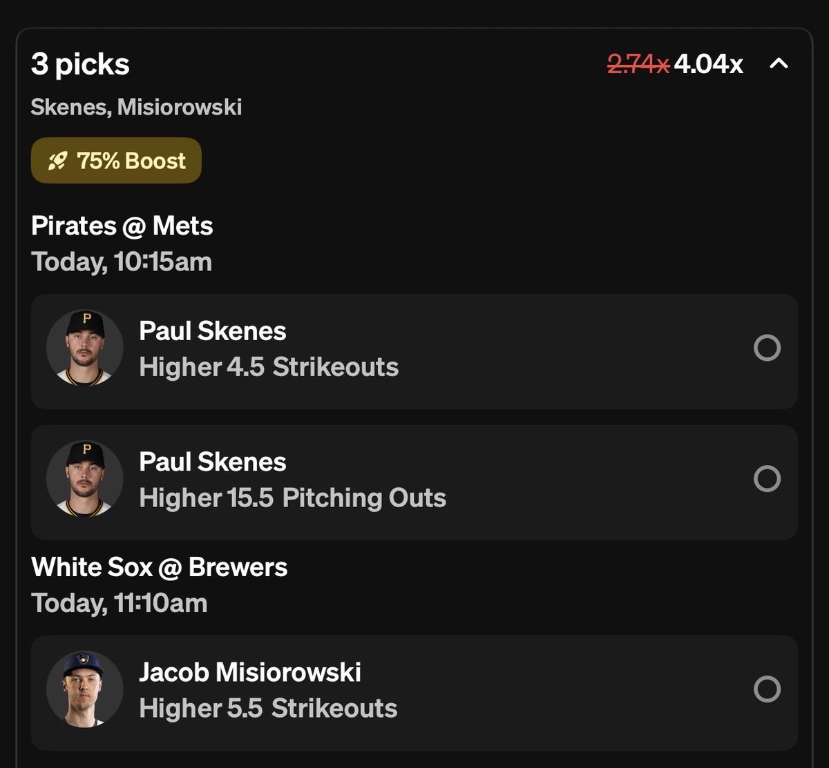 BuzzedBetz's tweet photo. ❤️ Like if tailing

🚨 75% BOOST MLB MORNING BANGER 🚨

Skenes ⬆️ 4.5 Ks
Skenes ⬆️ 15.5 Outs
Misiorowski ⬆️ 5.5 Ks

Boosted to 4.04x 📈

We’re starting the day with a heater.

Paul Skenes is that guy.
23 years old and already pitching like the best in the league. Just dominated on the big stage and now opens in New York. Expect him to come out aggressive, rack up Ks early, and go deep enough to clear both lines.

Pirates should keep this competitive which gives him the runway.

Misiorowski is in a smash spot.
Facing one of the highest strikeout rate lineups in baseball and gets them at home. Electric stuff and this is the type of matchup where he can rack up Ks quickly.

6+ Ks feels very live here.

Let’s start the day right 🤝