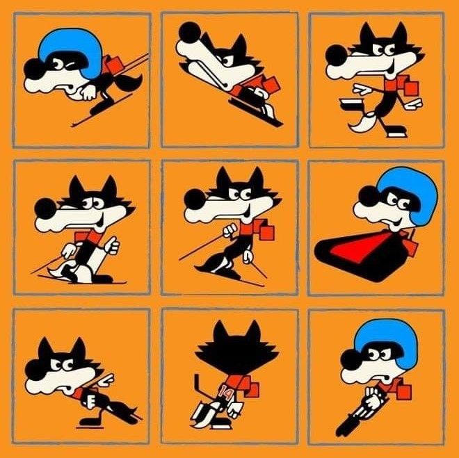 Pictogram of Vučko, the official mascot of the 1984 Sarajevo Winter Olympics, participating in a number of winter sports.