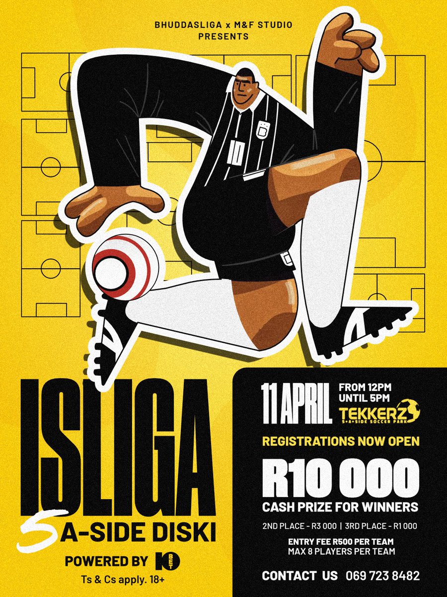 bhuddasliga_fc's tweet photo. ISLIGA 5 A-SIDE DISKI Tournament Powered By 10BET!

LASUKA LAPHINDA LAHLALA! 😤⚽️

16 teams enter. 1 champion. 🏆
R10 000 on the line and bragging rights.

11 April at Tekkerz. If your team is ready, prove it.

Registrations now open, link below.
https://t.co/AGaUJVt40R
⚫🟡 https://t.co/A7Dw0ZKbtS