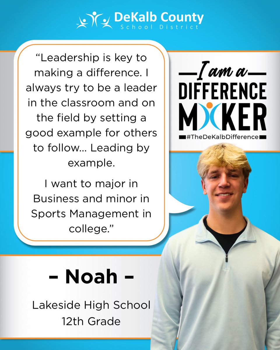 DeKalbSchools's tweet photo. 🌟 Daily Difference Maker: Noah 🌟

Lakeside HS senior Noah leads by example in the classroom and on the field, showing what it means to lead with purpose and consistency. He plans to major in Business and minor in Sports Management.

His example reflects the kind of student leadership that strengthens school culture across #DCSD.

📲 Follow us to meet more amazing DCSD students and staff #DailyDifferenceMakers! 🎉

#TheDeKalbDifference💙🧡